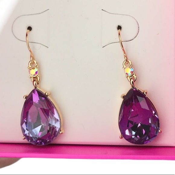 Betsey Johnson Tear Drop Stone Drop Earring Purple Gold Tone - Picture 3 of 5